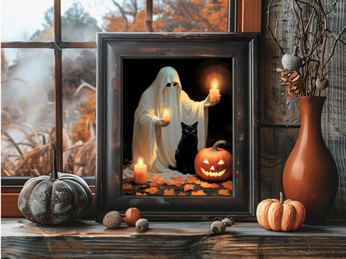 Ghost Holding Candles Beside A Black Cat And Jack O Lantern Halloween Art Print - Image 3