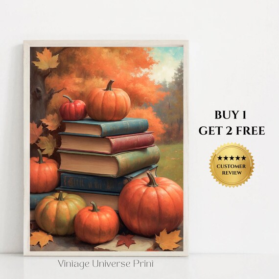 Stack Of Books With Pumpkins Cozy Autumn Fall Reading Painting Poster