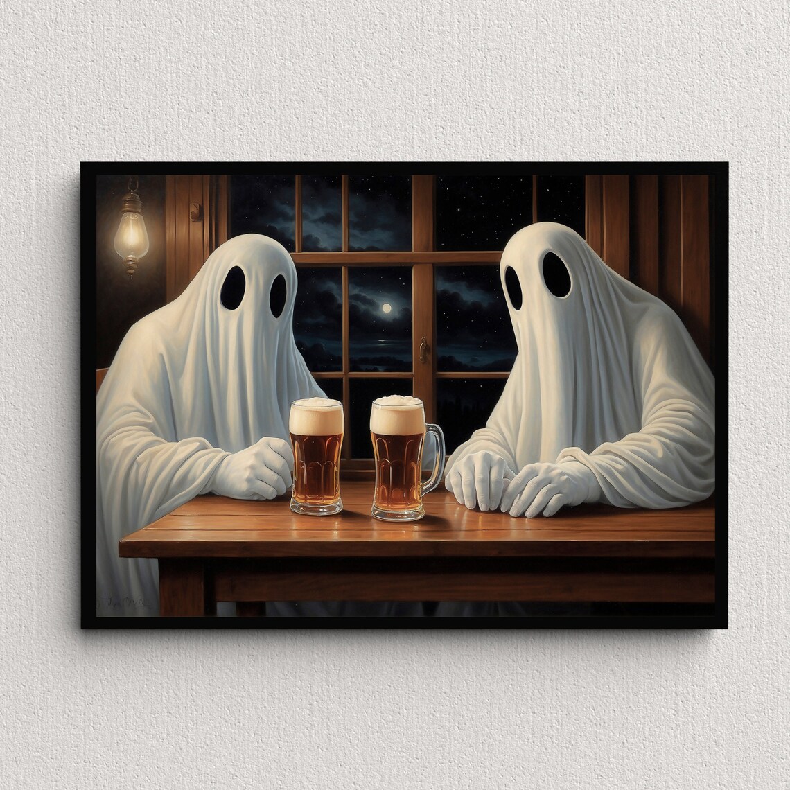 Two Ghosts Sharing Beers at a Wooden Table by a Night Window Funny Poster - Image 4