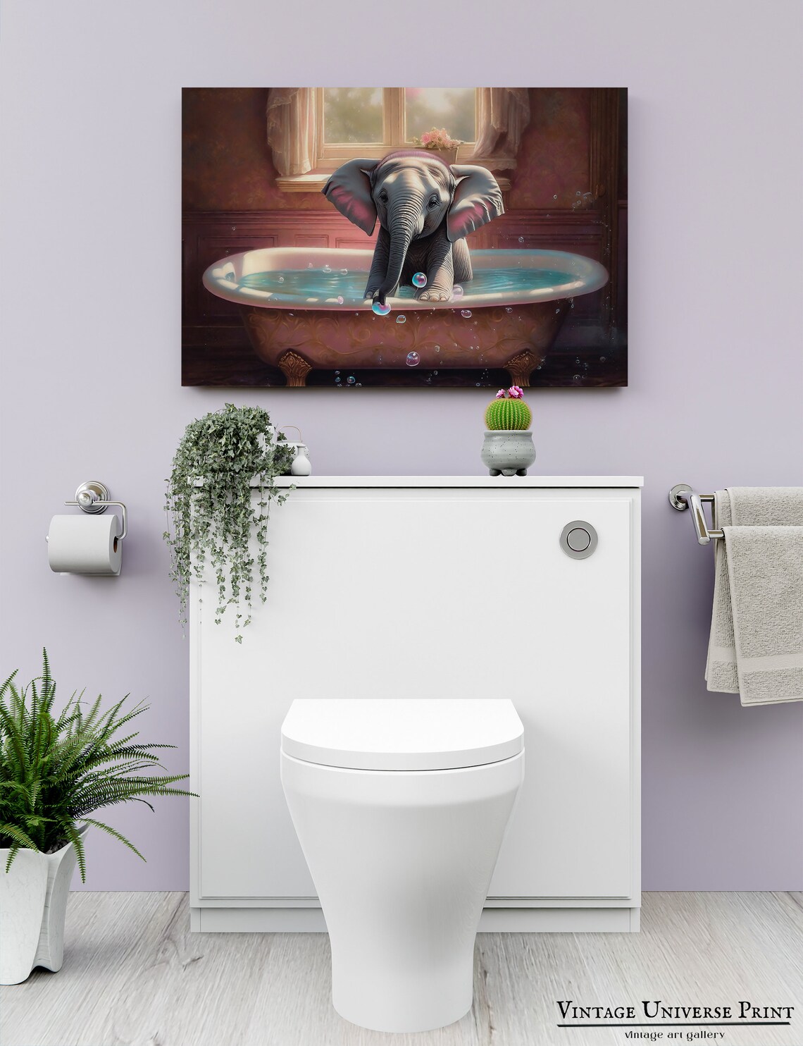 Baby Elephant Blowing Bubbles in a Vintage Clawfoot Bathtub Cute Poster - Image 2