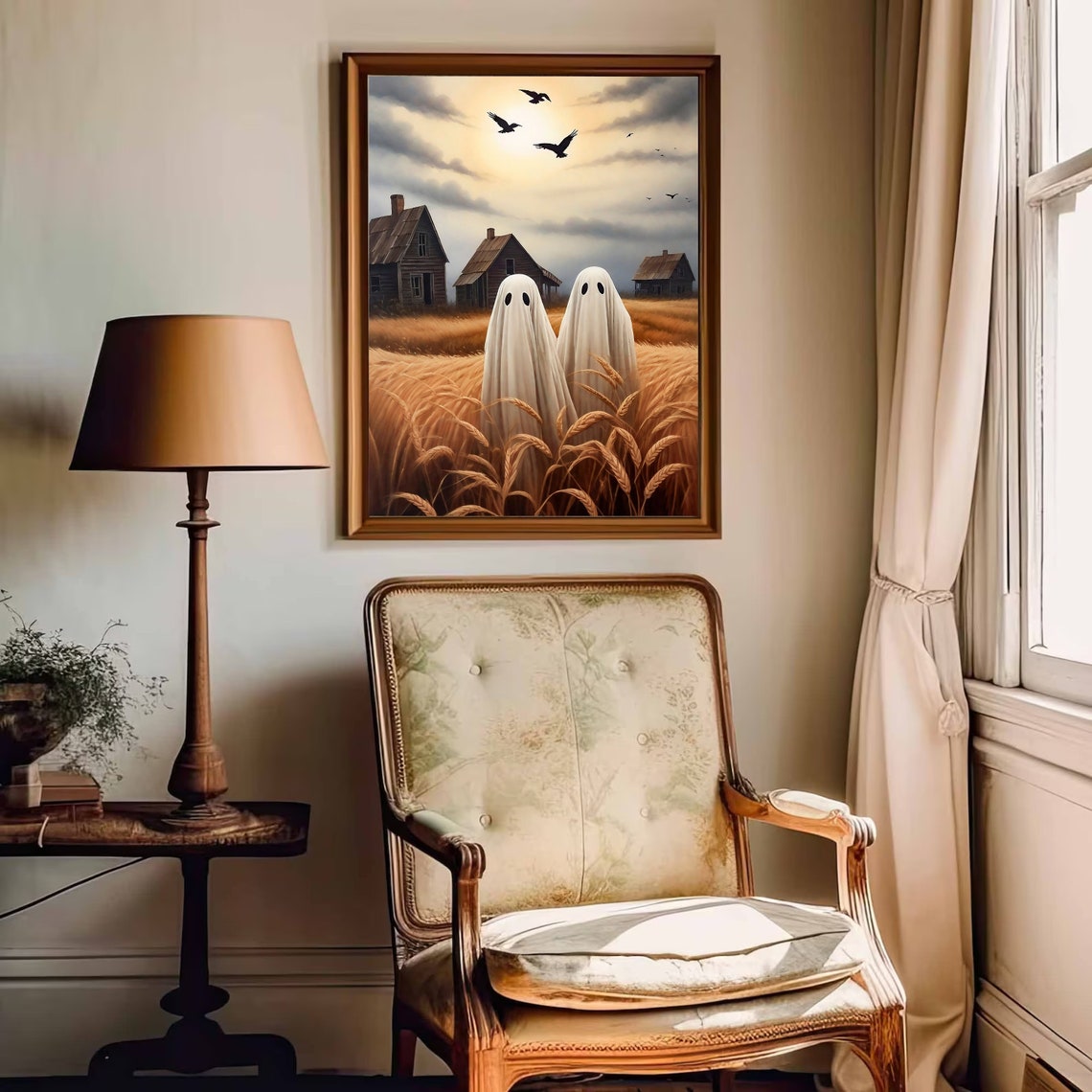 Two Sheet Ghosts in a Golden Wheat Field Vintage Halloween Poster - Image 3