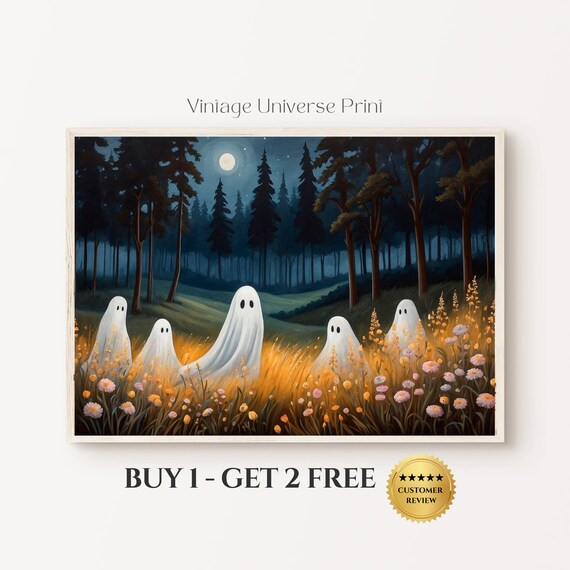 Ghosts In A Moody Field Forest Landscape Vintage Painting Moonlight Ghost Art Print Ghost Halloween Wall Decor Spooky Art