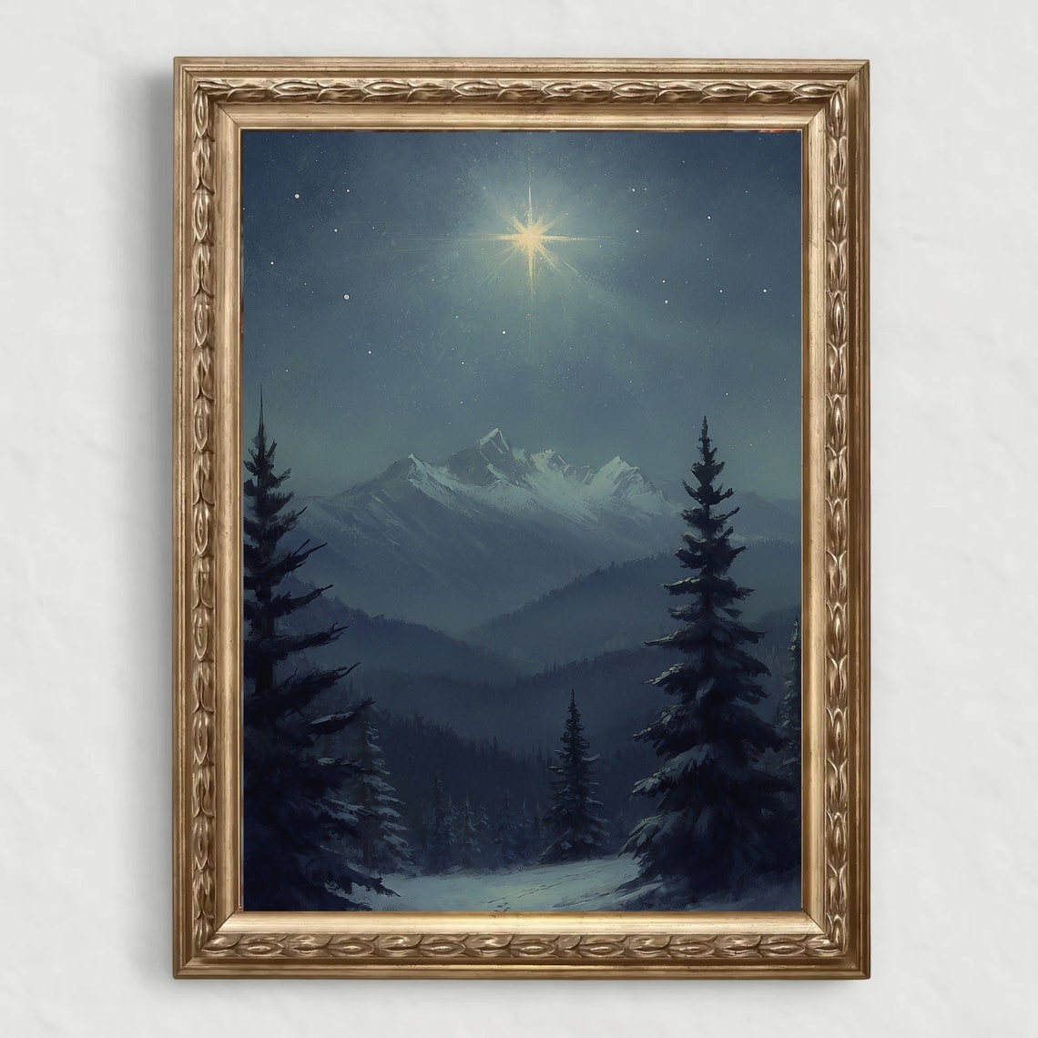 Snowy Mountain Night Bright Star Pine Forest Christmas Poster - Image 5