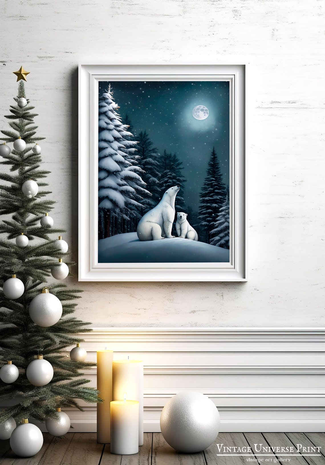 Polar Bear and Cub Under Moonlight Snowy Forest Night Poster - Image 2