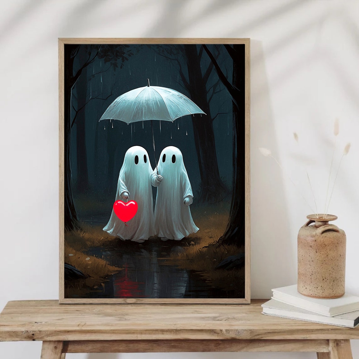 Cute Ghosts In The Rain Print Ghost With The Umbrella In The Forest Spooky Cute Ghosts Fall Wall Art Halloween Decor 142 - Image 4