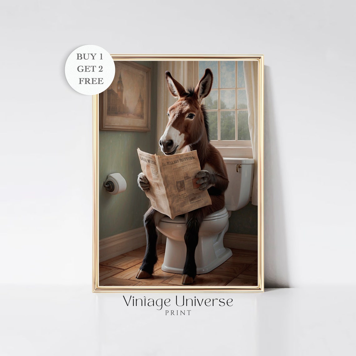 Smiling Donkey Reading A Newspaper On The Toilet Funny Poster