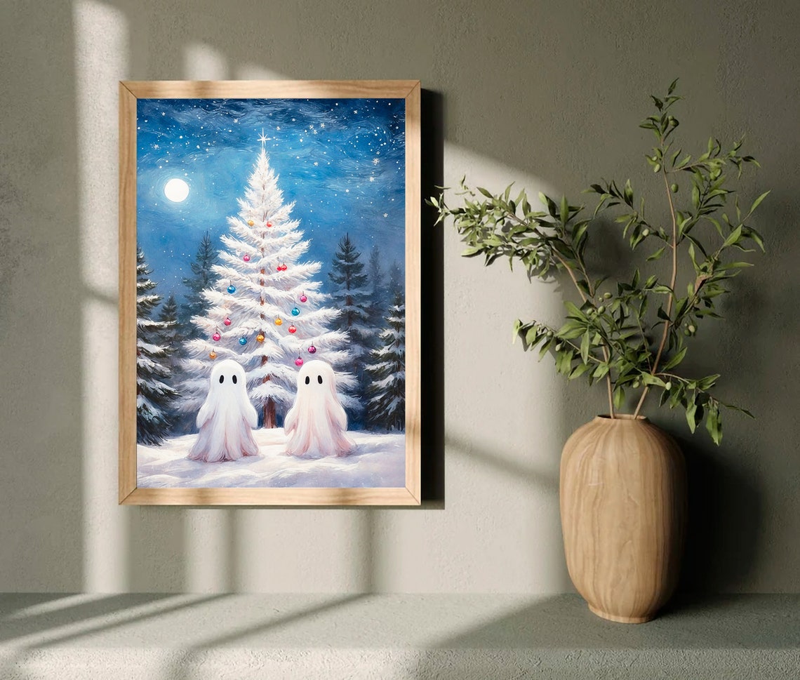 Two Ghosts by Snowy White Christmas Tree Under Moonlight Print - Image 3