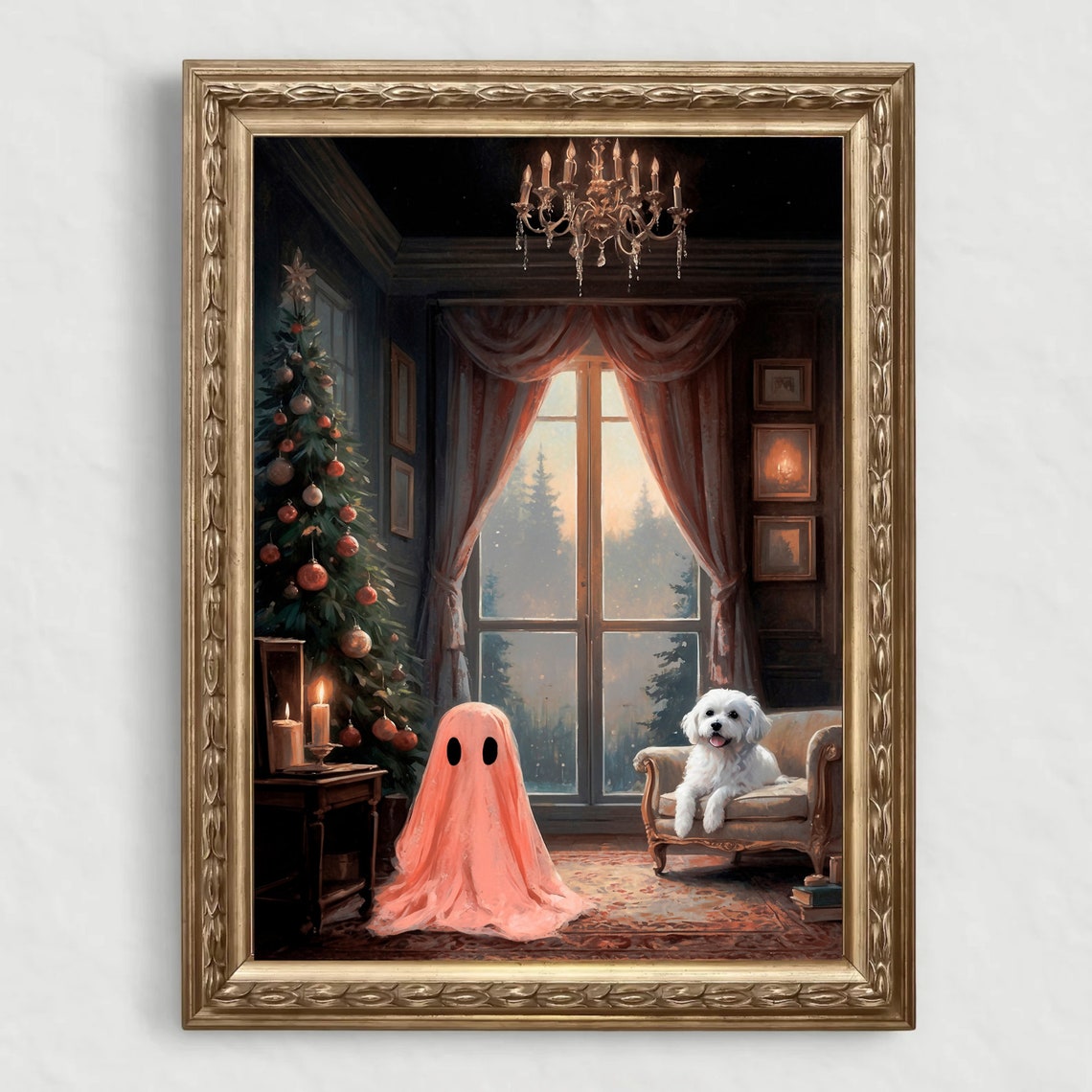 Pink Ghost and White Dog in Cozy Christmas Living Room Print - Image 4