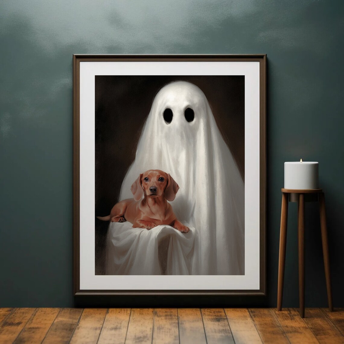 Cute Ghost Holding Dachshund Dark Romantic Halloween Portrait Painting Poster - Image 4
