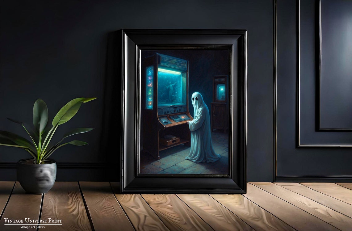 Ghost Playing A Vintage Arcade Cabinet In A Dark Room Poster - Image 3