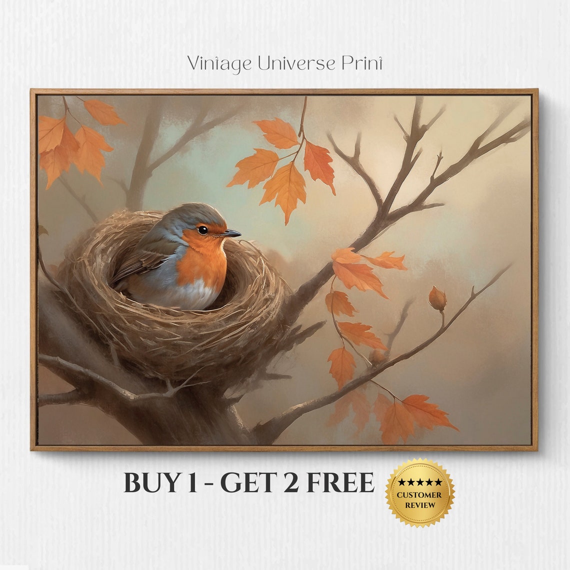 Robin Bird In Nest With Orange Autumn Leaves Vintage Bird Poster