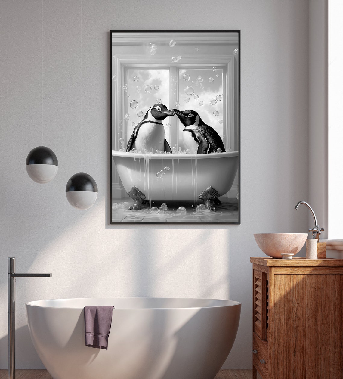 Two Penguins in a Bathtub Black and White Vintage Animal Art Print - Image 4