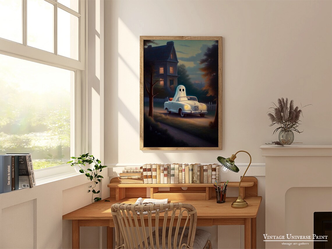 Ghost Driving A Vintage Convertible Past A Haunted House At Dusk Poster - Image 2