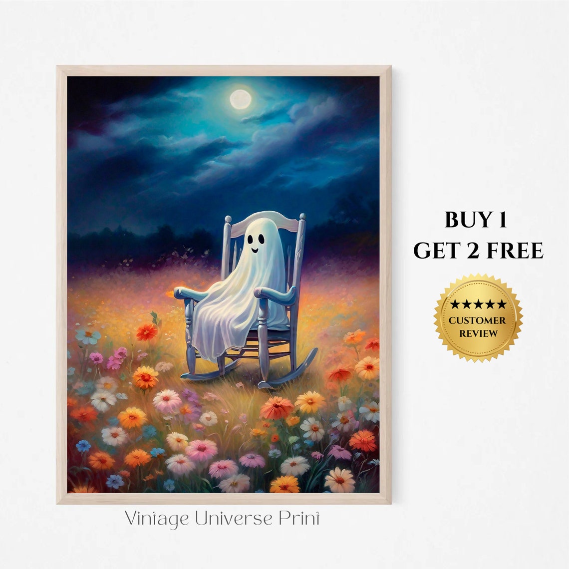 Smiling Ghost Rocking Chair Moonlit Wildflower Meadow Night Poster