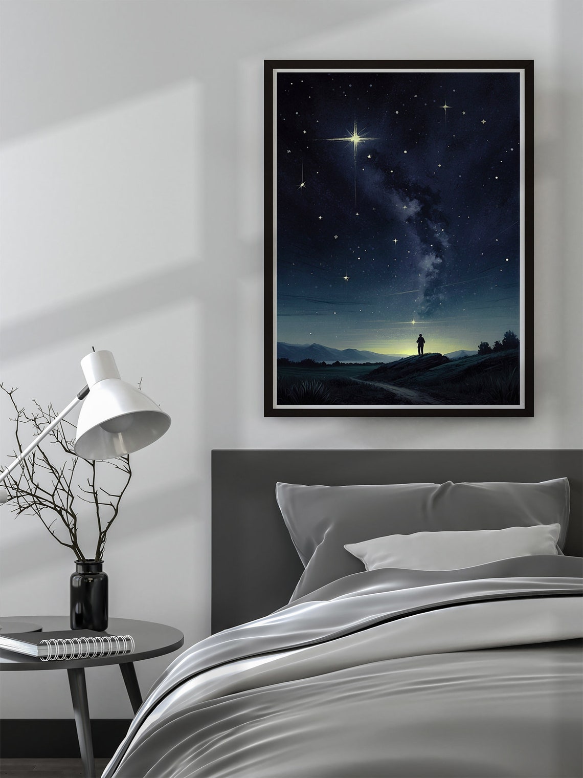 Lone Figure on Hill Under Bright Milky Way Starry Night Sky Wall Art - Image 2