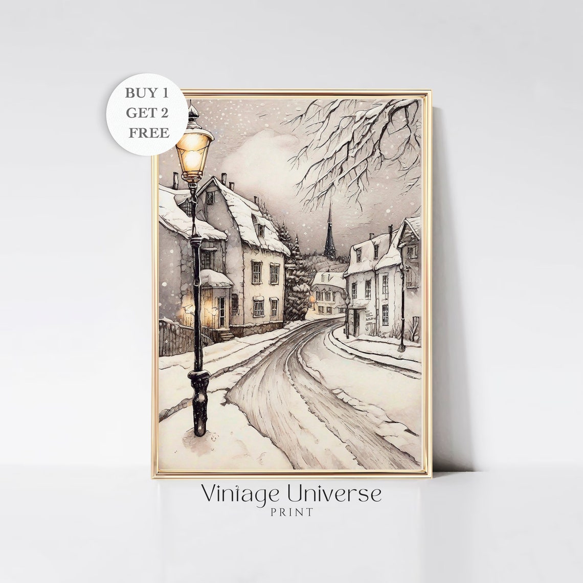 Snowy Village Street Glowing Lamppost Vintage Winter Evening Poster