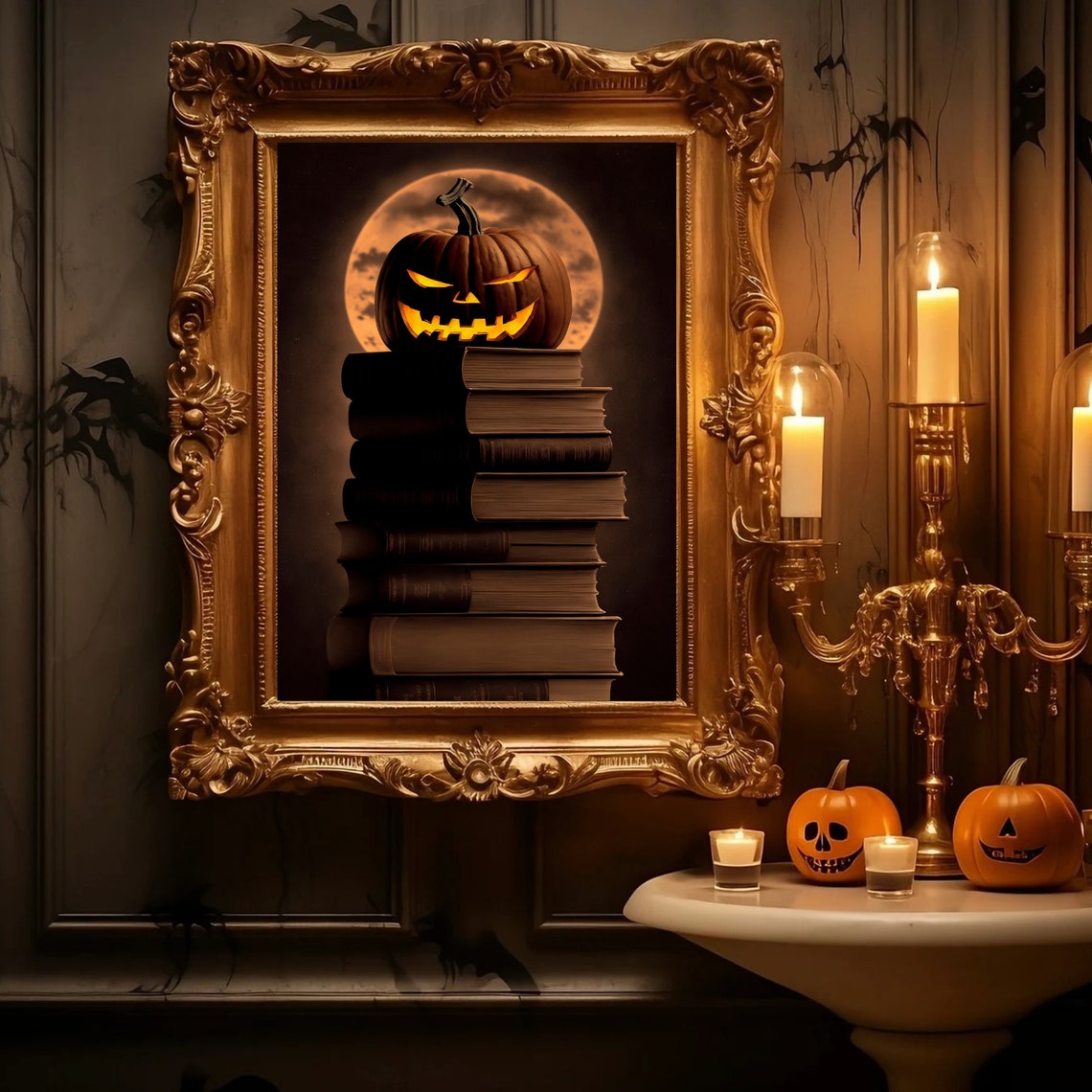 Glowing Jack O Lantern on Stack of Books Spooky Halloween Poster - Image 2