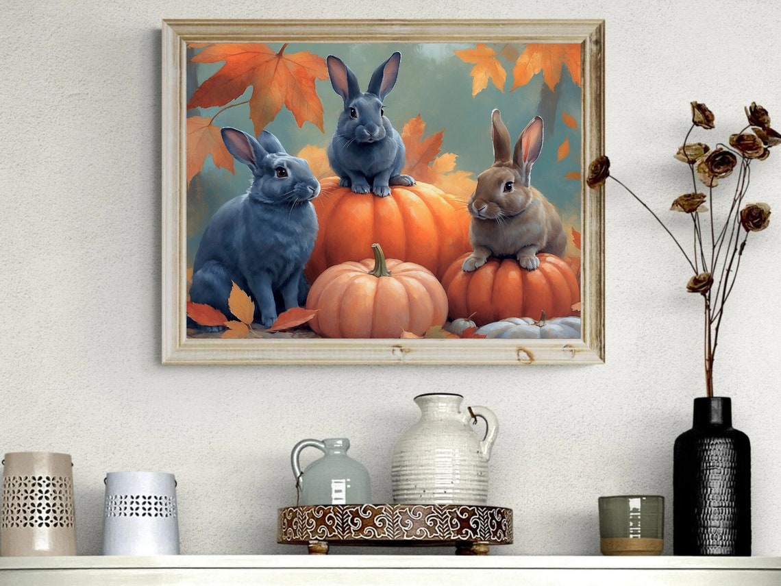 Three Cute Rabbits With Pumpkins Autumn Leaves Fall Animal Poster - Image 2