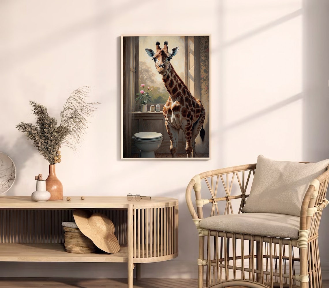 Friendly Giraffe Standing Beside A Vintage Toilet Humor Poster - Image 3