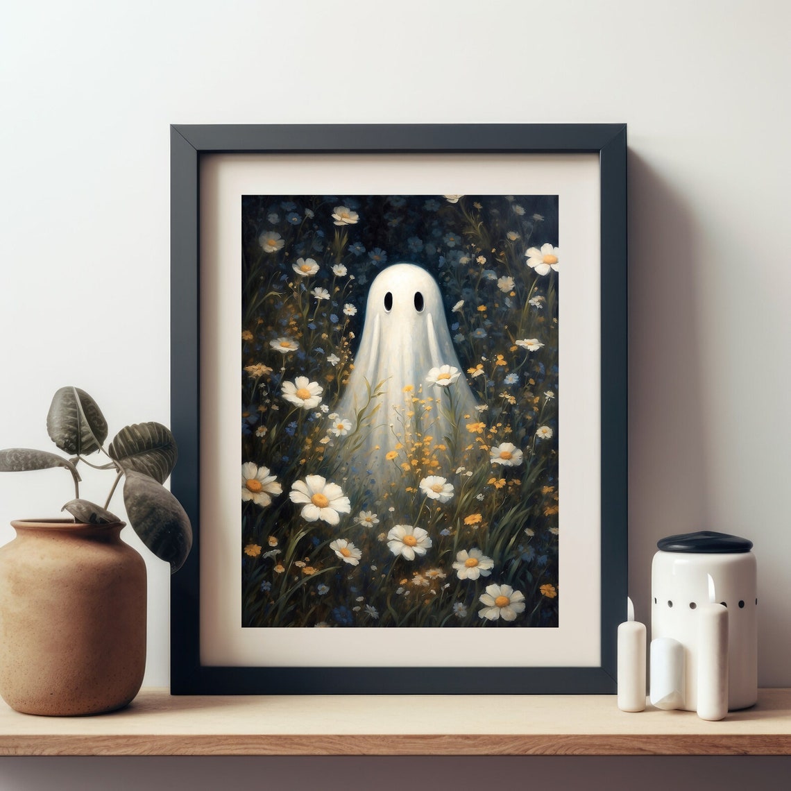 Cute Sheet Ghost Standing in a Field of Daisies and Wildflowers Poster - Image 4