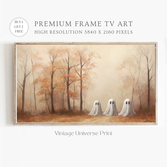 Three Ghosts In Misty Autumn Forest Vintage Halloween Art Poster