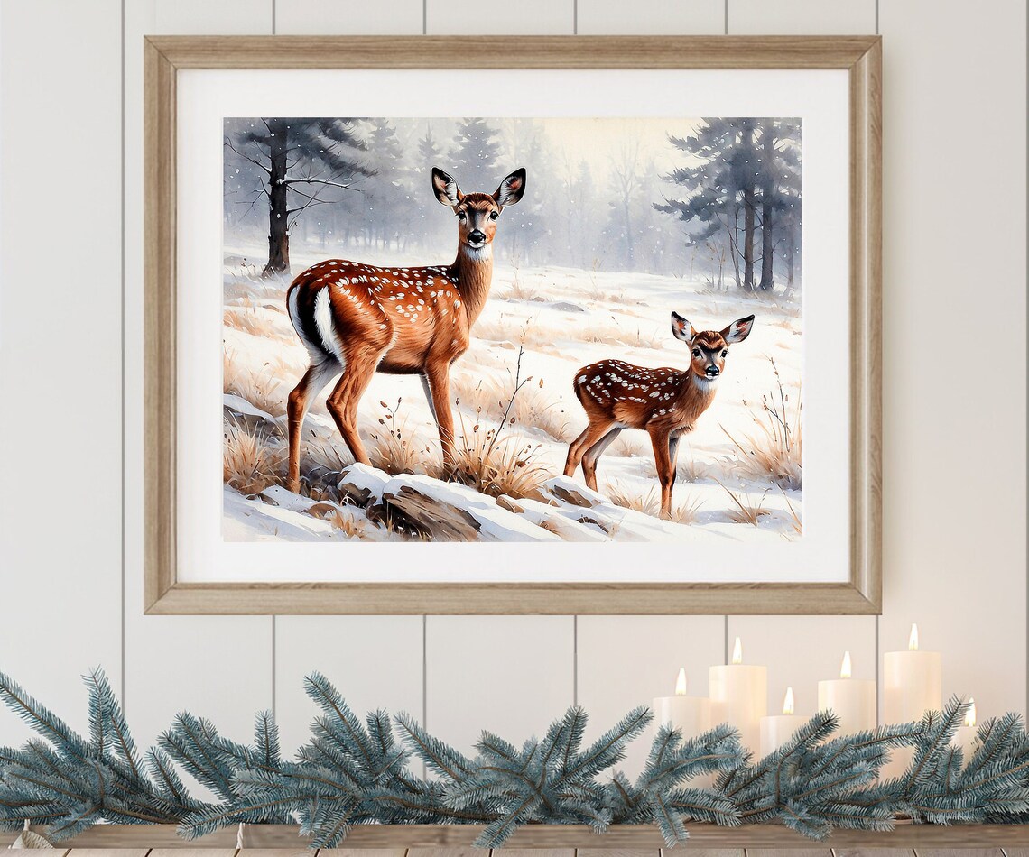 Mother Deer Fawn Snowy Meadow Winter Wildlife Tender Scene Poster - Image 4