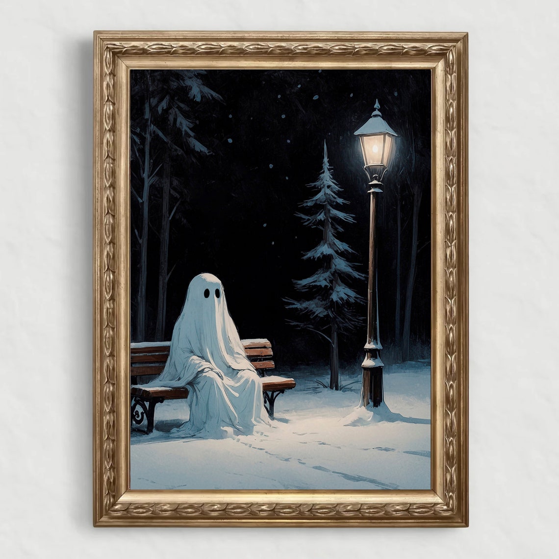 Ghost Resting on Snowy Park Bench Under Glowing Street Lamp Print - Image 4