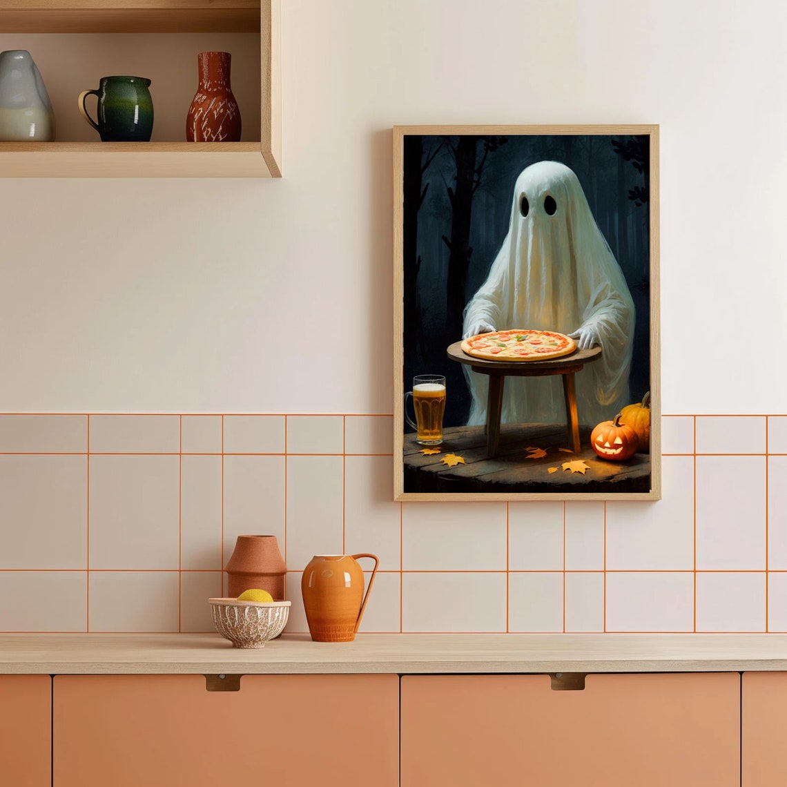Ghost Eating Pizza Dark Forest Halloween Party Funny Spooky Print - Image 4