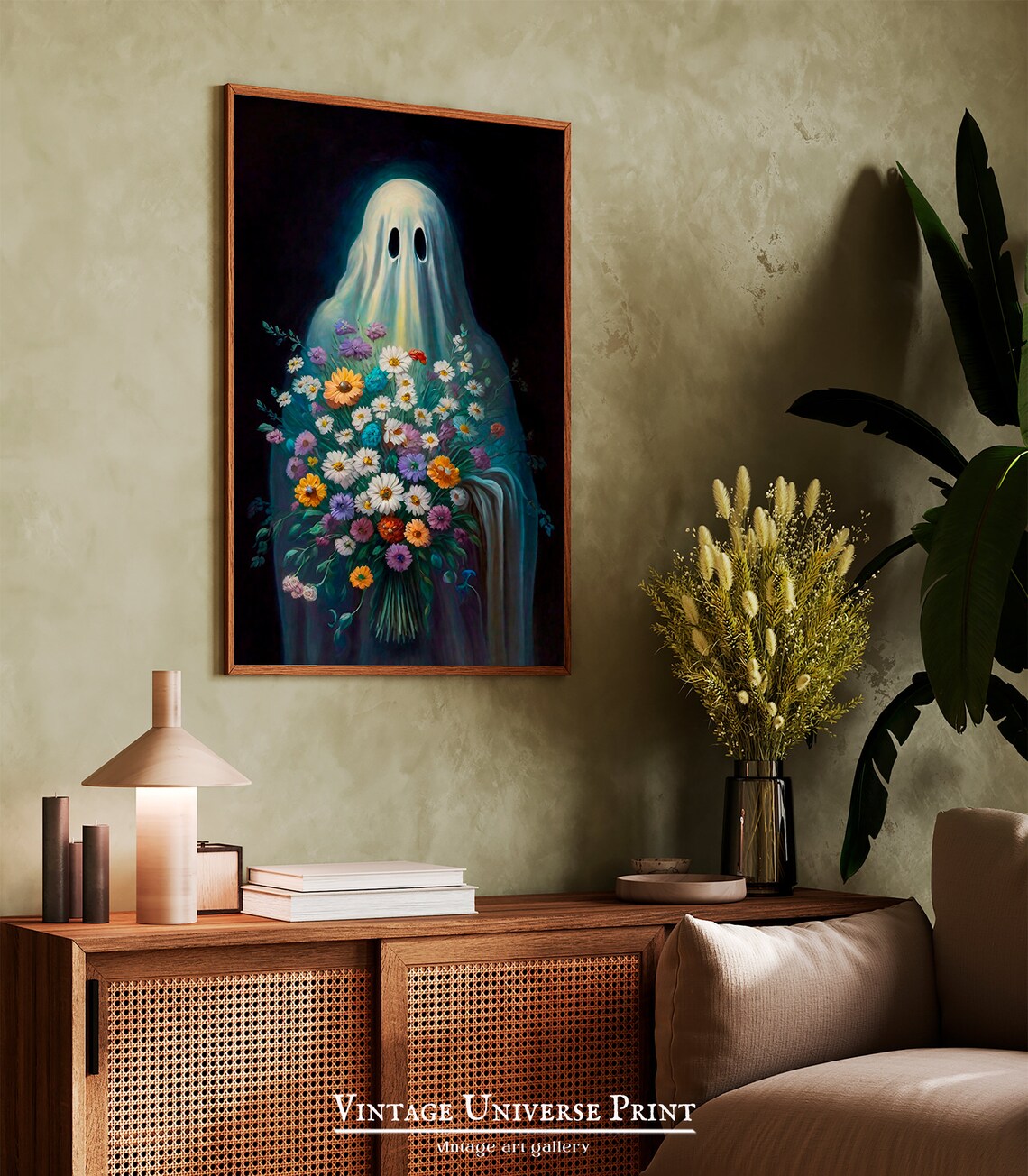 Sweet Ghost Holding Wildflower Bouquet Spooky Cute Art Poster - Image 2