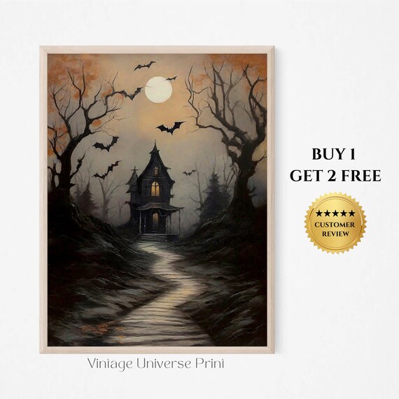 Spooky Haunted House Under Full Moon Bats Halloween Night Poster