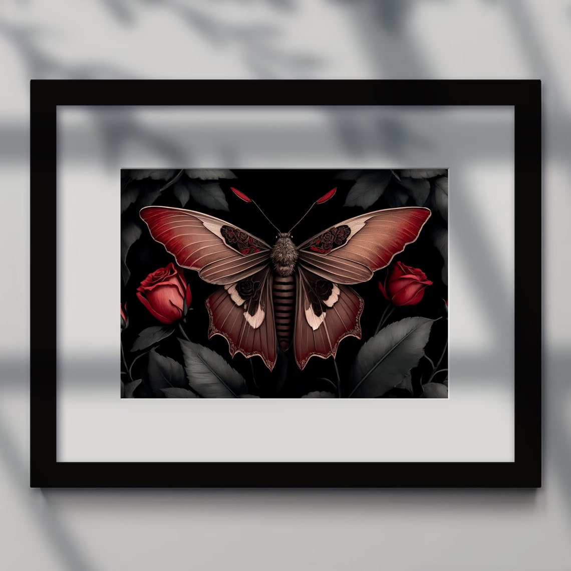 Dark Gothic Moth with Red Roses Moody Dark Insect Art Poster - Image 5