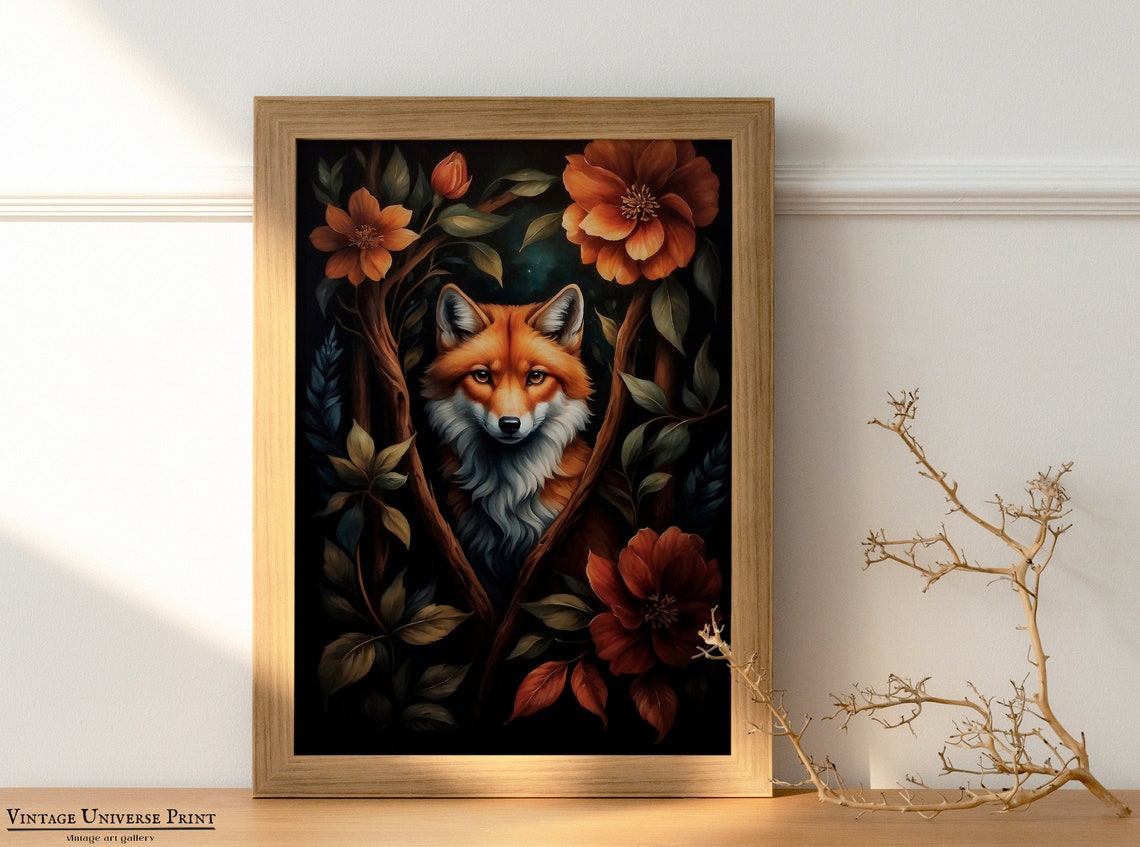 Fox Among Orange Blooms Dark Botanical Vintage Oil Painting Poster - Image 4