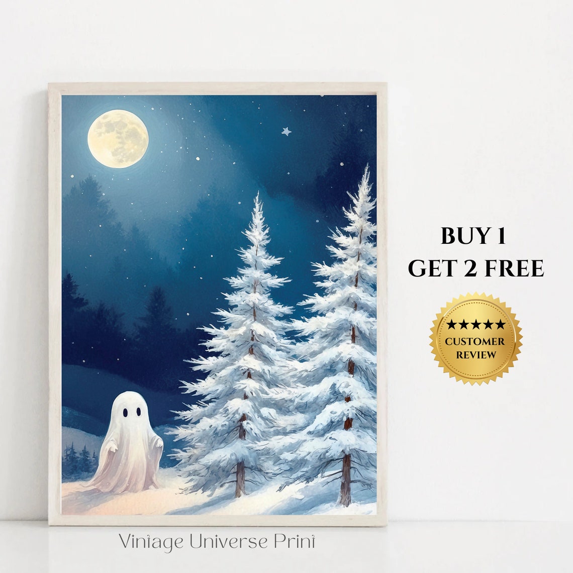 Ghost Among Snowy Fir Trees Under Glowing Full Moon Night Print