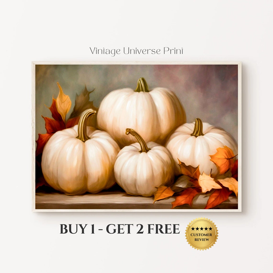 Four White Pumpkins Autumn Leaves Rustic Fall Table Still Life Print