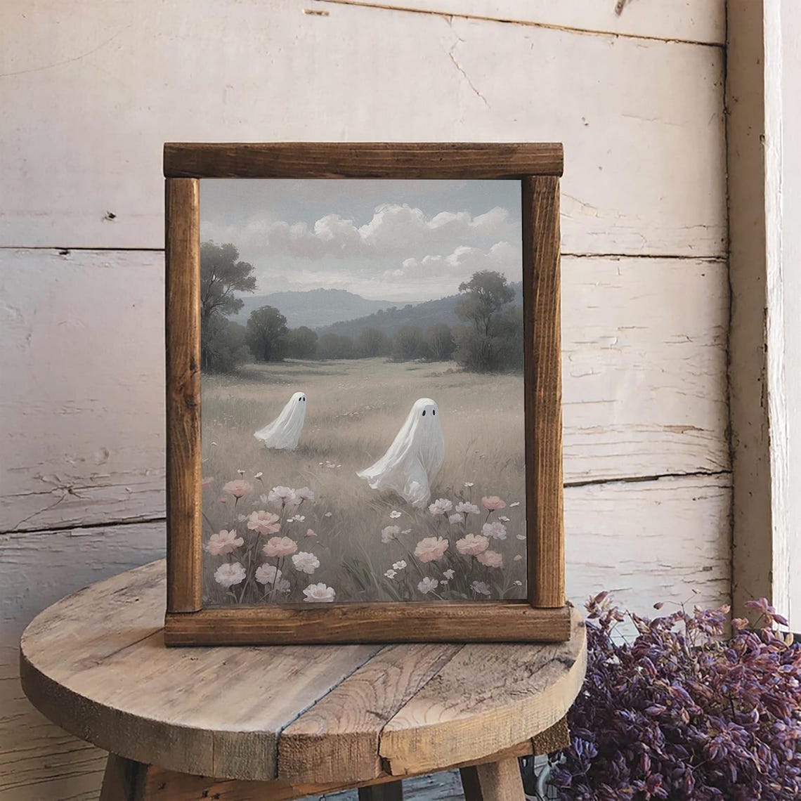 Two Ghosts In Flower Meadow With Hills Cute Halloween Poster - Image 2