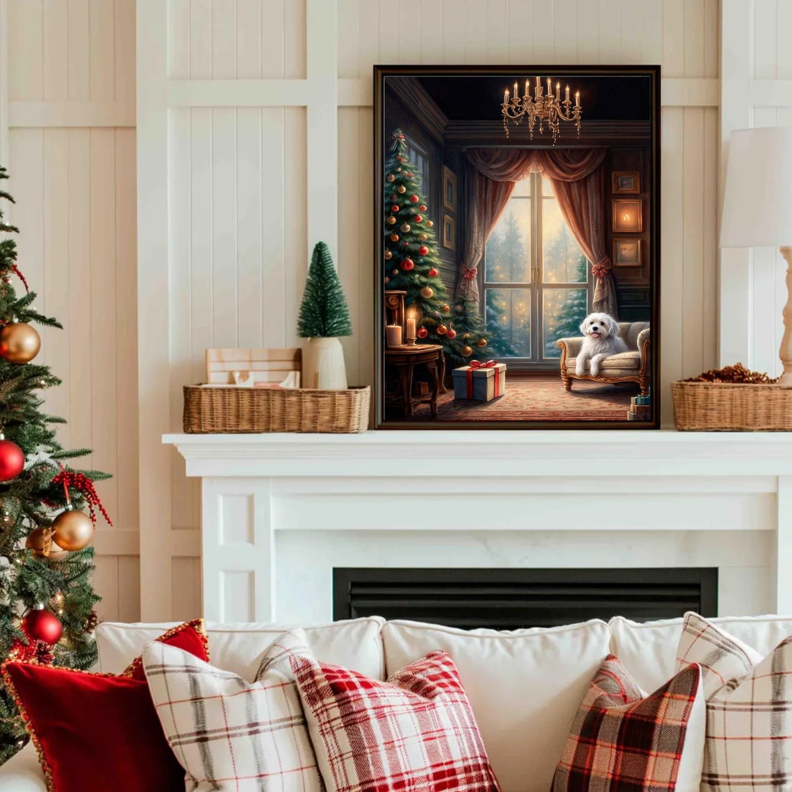 Christmas Living Room Vintage Painting Christmas Tree Wall Art Cozy Christmas Interior House Christmas Wall Art Holiday Season - Image 4