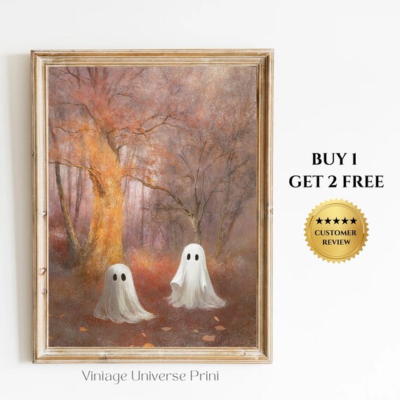 Two Ghosts In Pink Autumn Forest Mist Vintage Halloween Decor Poster