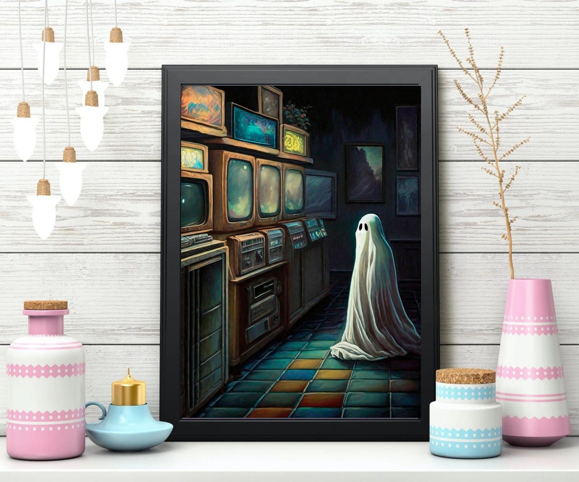 Ghost Vintage TV Shop Retro Electronics Store Spooky Night Poster - Image 2