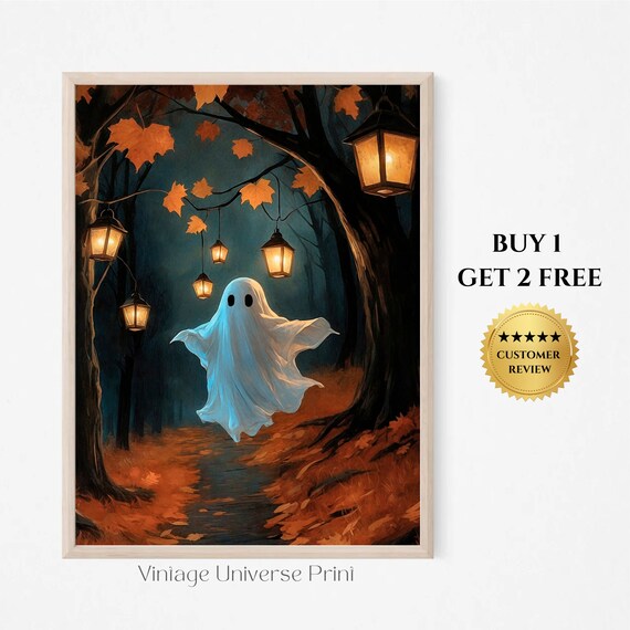 Cute Ghost On Lantern Lit Path In Dark Autumn Woods Halloween Painting Poster