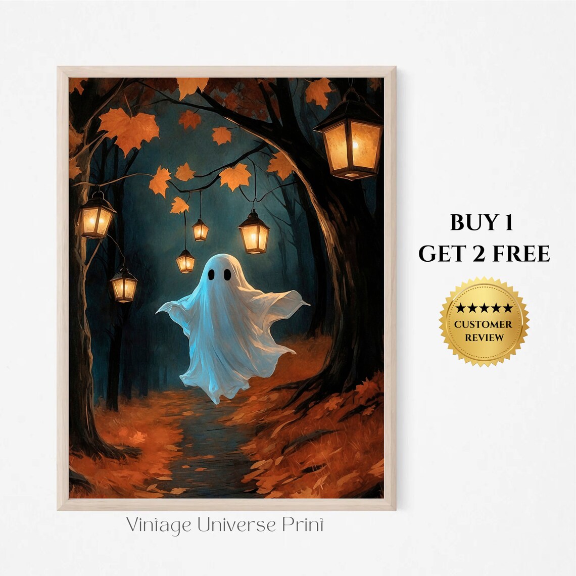 Cute Ghost On Lantern Lit Path In Dark Autumn Woods Halloween Painting Poster