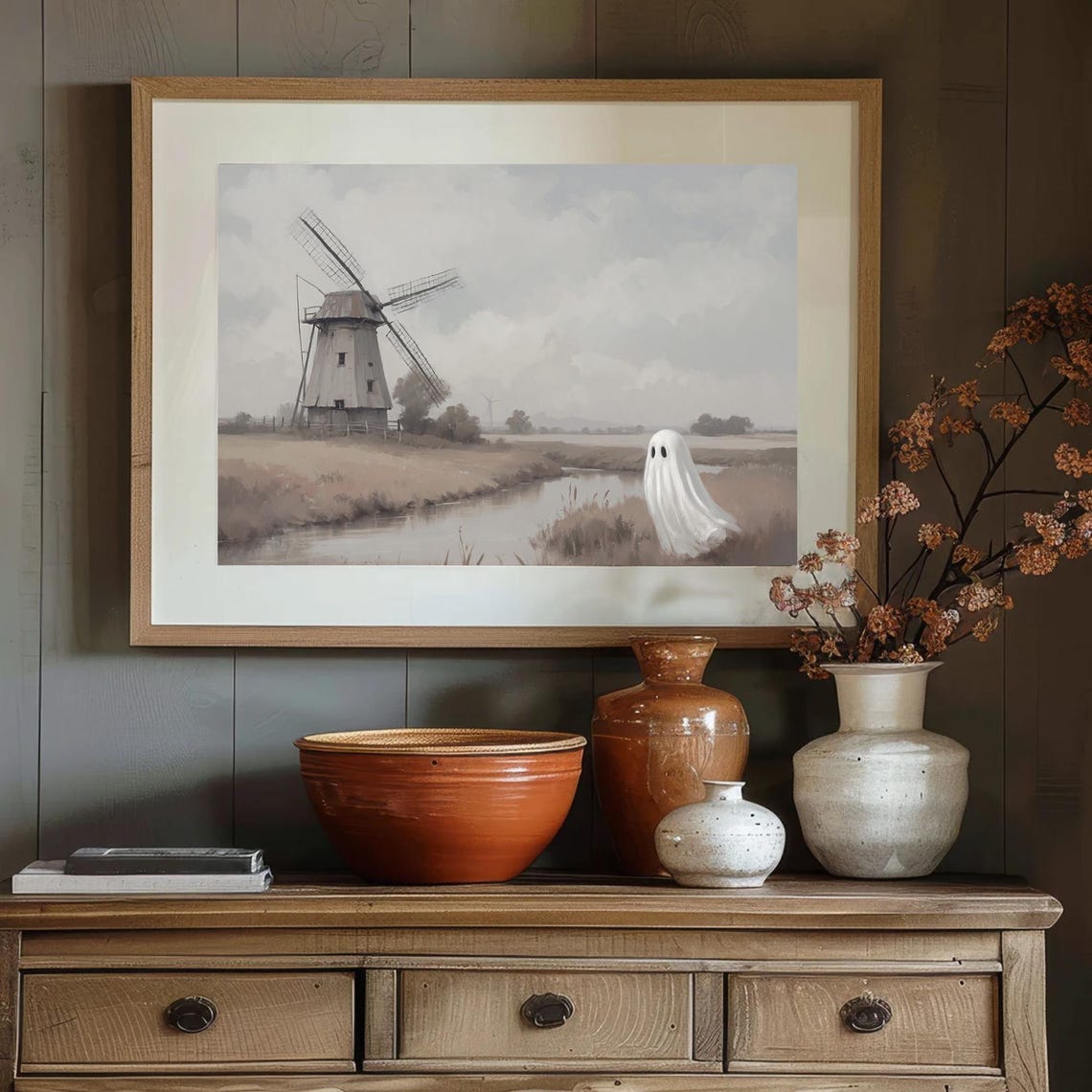 Ghost And The Windmill Painting Rustic Fall Landscape Ghost Spooky Ghost Painting Cute Ghost Art Farmhouse Wall Art Halloween - Image 4