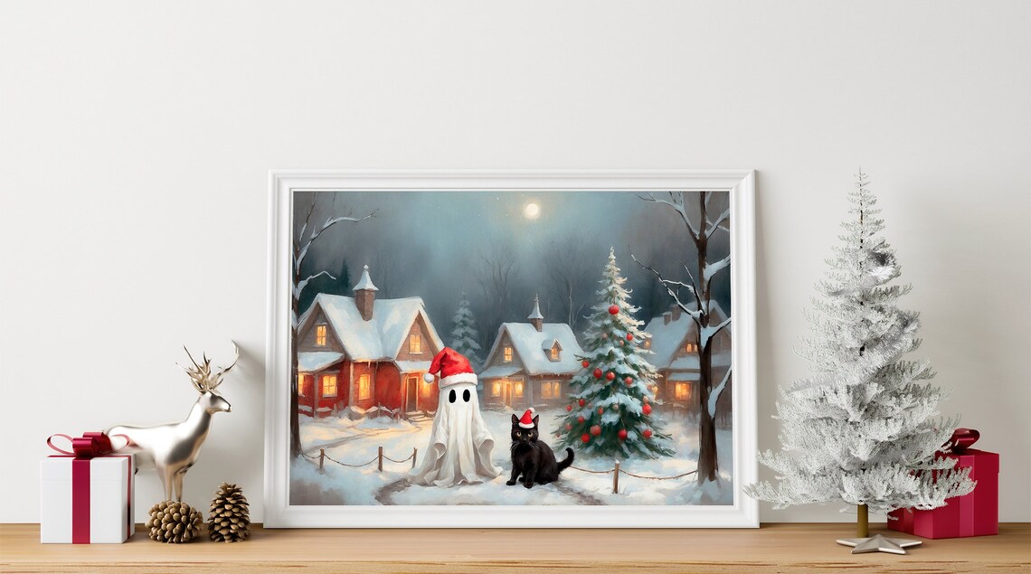 Ghost In The Christmas Snowy Country Village Landscape Painting Christmas Wall Art Print Christmas Tree Print Christmas House Decor 42 - Image 3