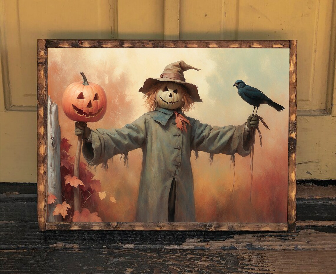 Pumpkin Head Scarecrow With Crow In Autumn Field Vintage Halloween Painting Poster - Image 3