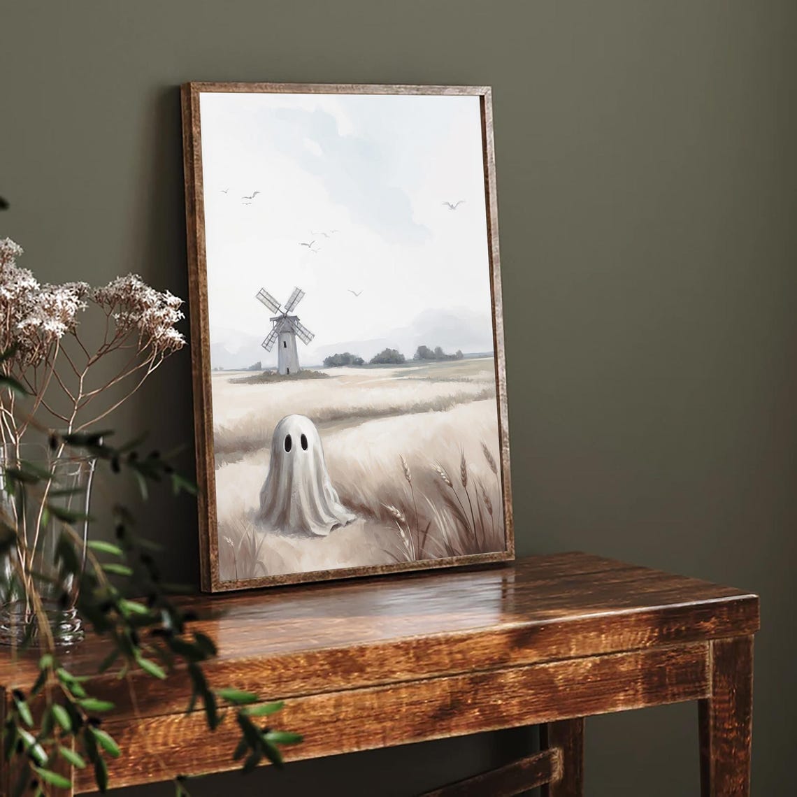 Ghost In Wheat Field By A Windmill Rural Vintage Halloween Poster - Image 3