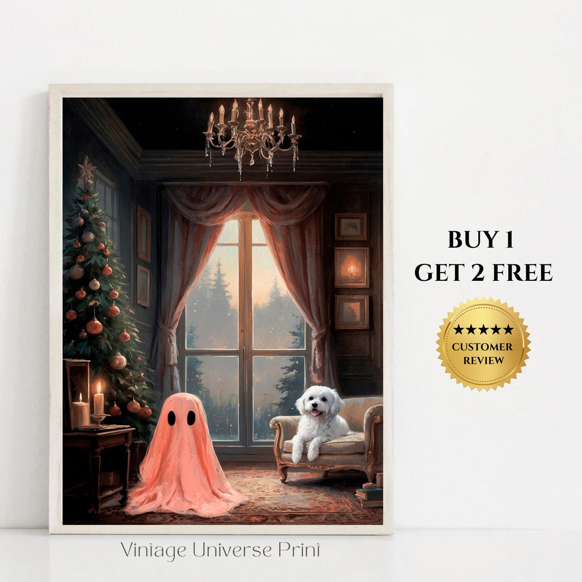 Pink Ghost and White Dog in Cozy Christmas Living Room Print