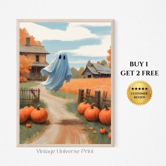 Cute Ghost Flying Over Farmhouse Path With Pumpkins Fall Halloween Painting Poster