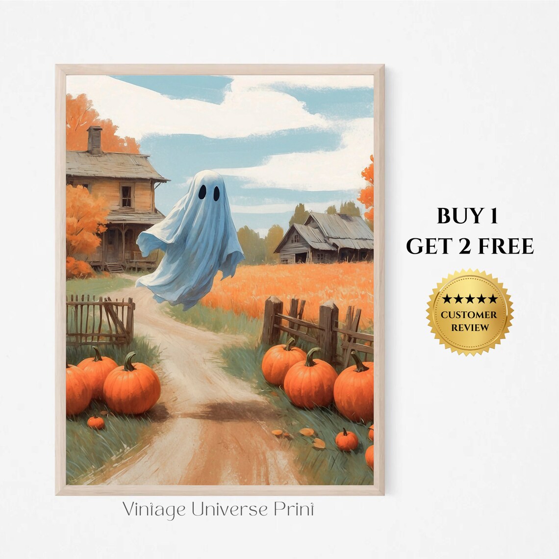 Cute Ghost Flying Over Farmhouse Path With Pumpkins Fall Halloween Painting Poster
