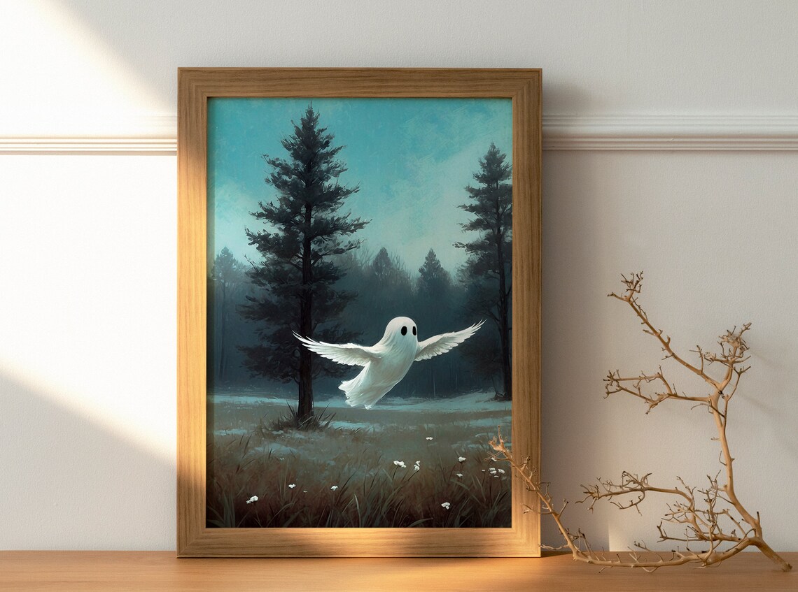 Ghost With White Wings Flying Over Misty Pine Forest Moody Painting Poster - Image 3