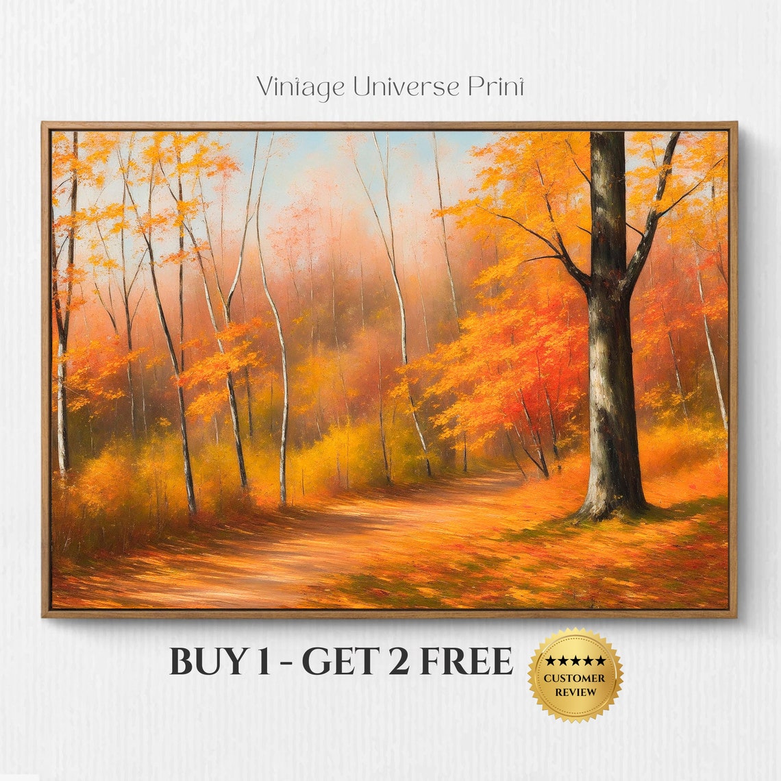 Golden Autumn Forest Path with Warm Orange Fall Foliage Poster