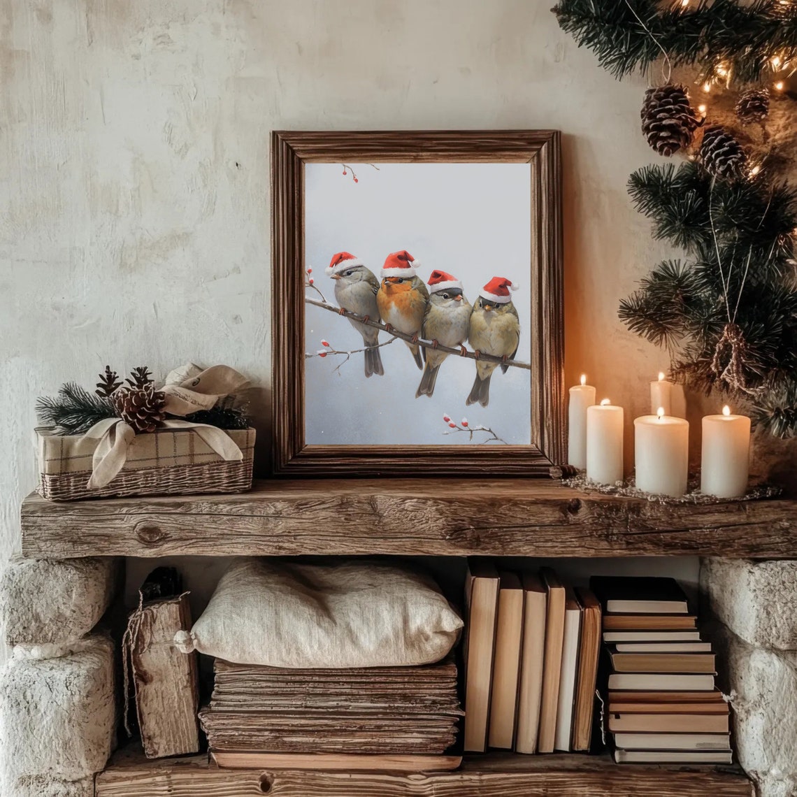 Four Birds With Santa Hats On Branch Winter Christmas Poster - Image 5
